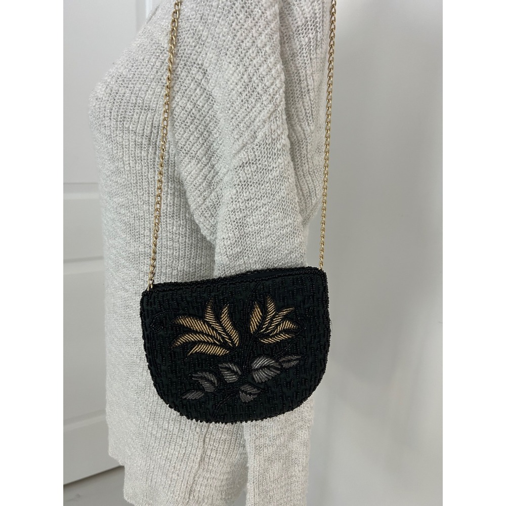 La Regale Vintage Beaded Floral Evening Bag Black Gold Silver Crossbody Purse